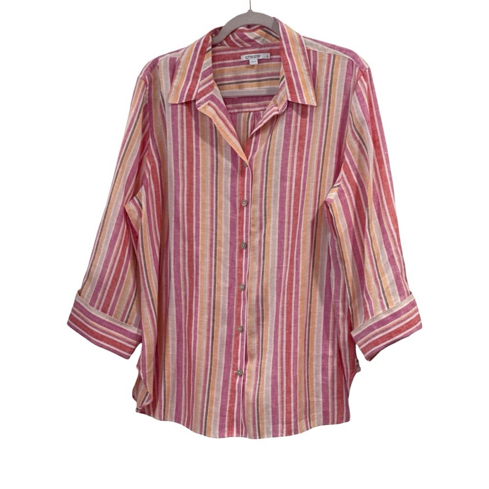 Chico's  Striped Three-Quarter Button-Down Shirt